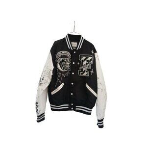 First Row Bulldog Varsity Jacket Men's L Graphic Patch Retro Streetwear Bomber